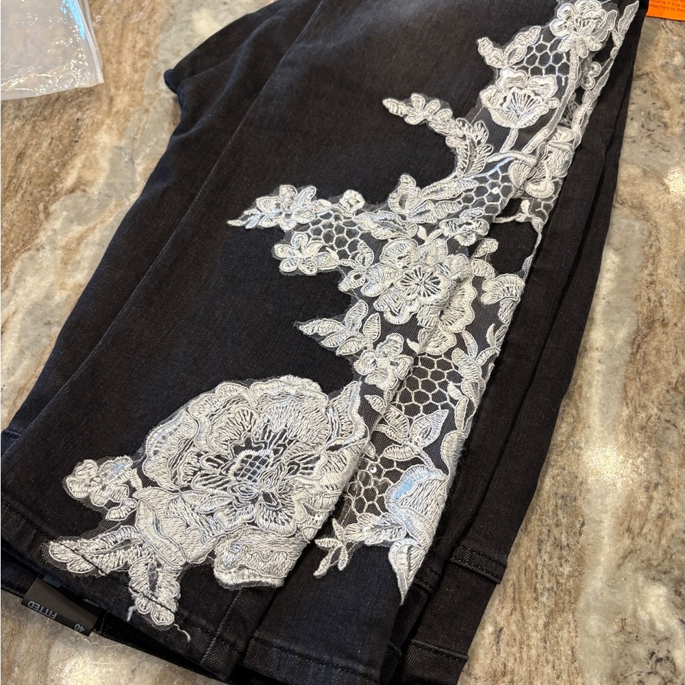 Elegant Black Jeans with White Floral Embroidery